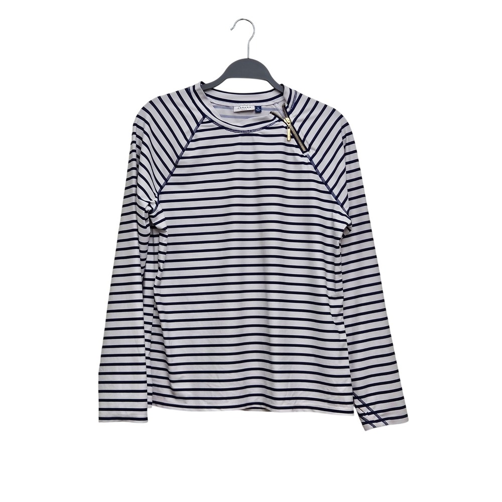 Cabana Life Rash Guard Women XL Navy White Striped Shoulder Zip Swim Top
